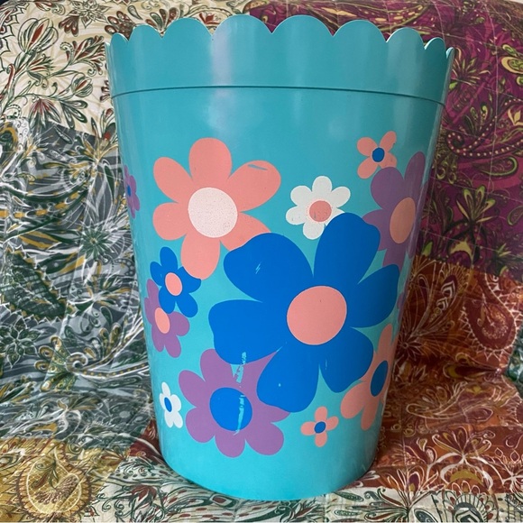 Vintage 60s Mod Hostess Floral Teal Trash Can Bin Scalloped Blue Flower Power - Picture 11 of 11